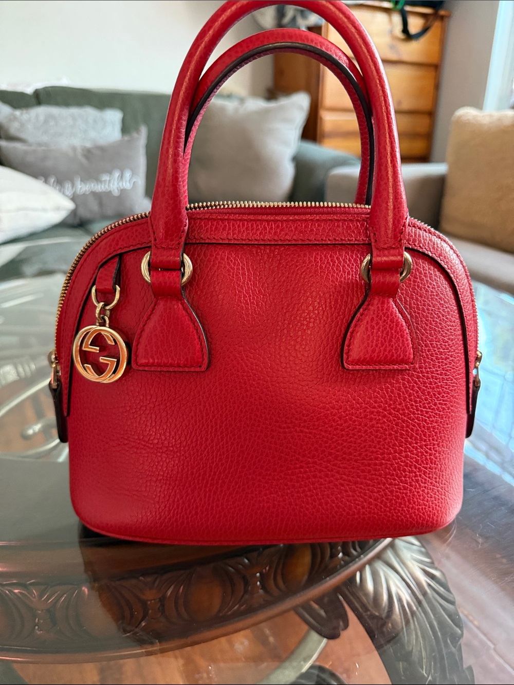 Gucci Red Pebbled Leather Top-Handle Satchel with Gold-Tone Logo Charm